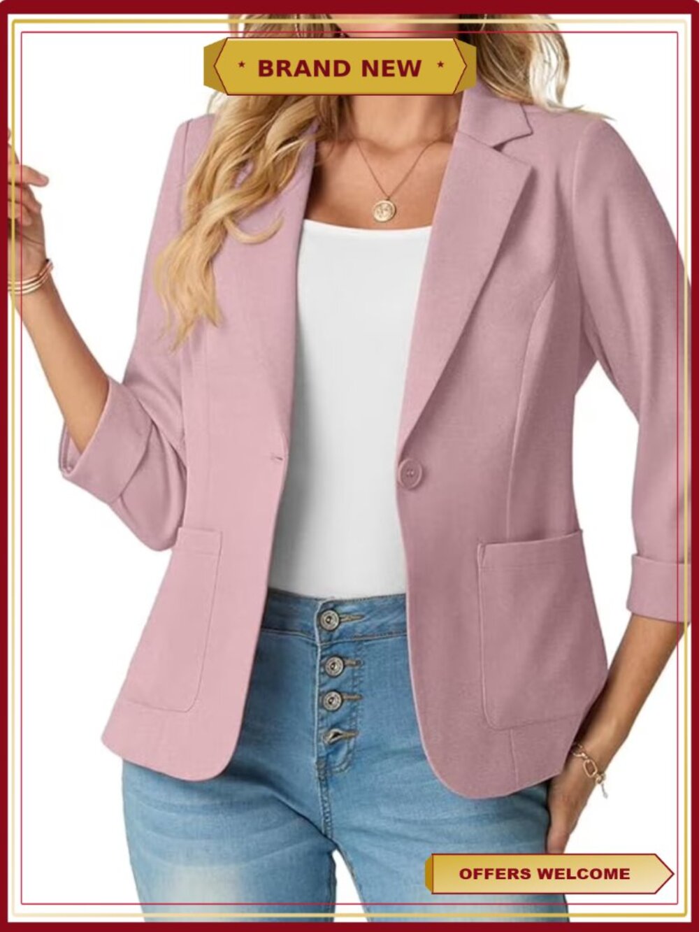 Slim Fit 3/4 Sleeve Notched Lapel One Button Blazer Business Office Jacket